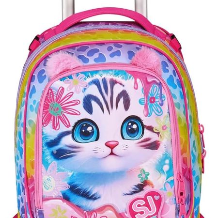 SJ GANG STYLE JAM GANG Trolley Scuola Jack 3 Ruote Cat&Air, Fucsia, 3 in 1, Zaino Triplo Uso con Carrello Sganciabile, 33 L, Zaino Scuola Elementare, Zaino Bambina